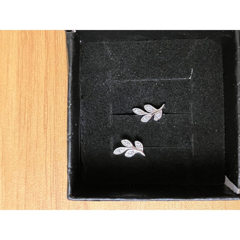 Silver Tone Crystal Leaf Stud Earrings Dainty Olive Branch Nature Inspired Studs